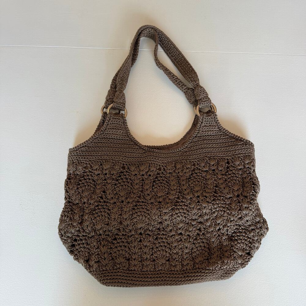 The Sak Brown Crochet Knit Hobo Slouchy Shoulder Bag Snap Closure Double Handle
